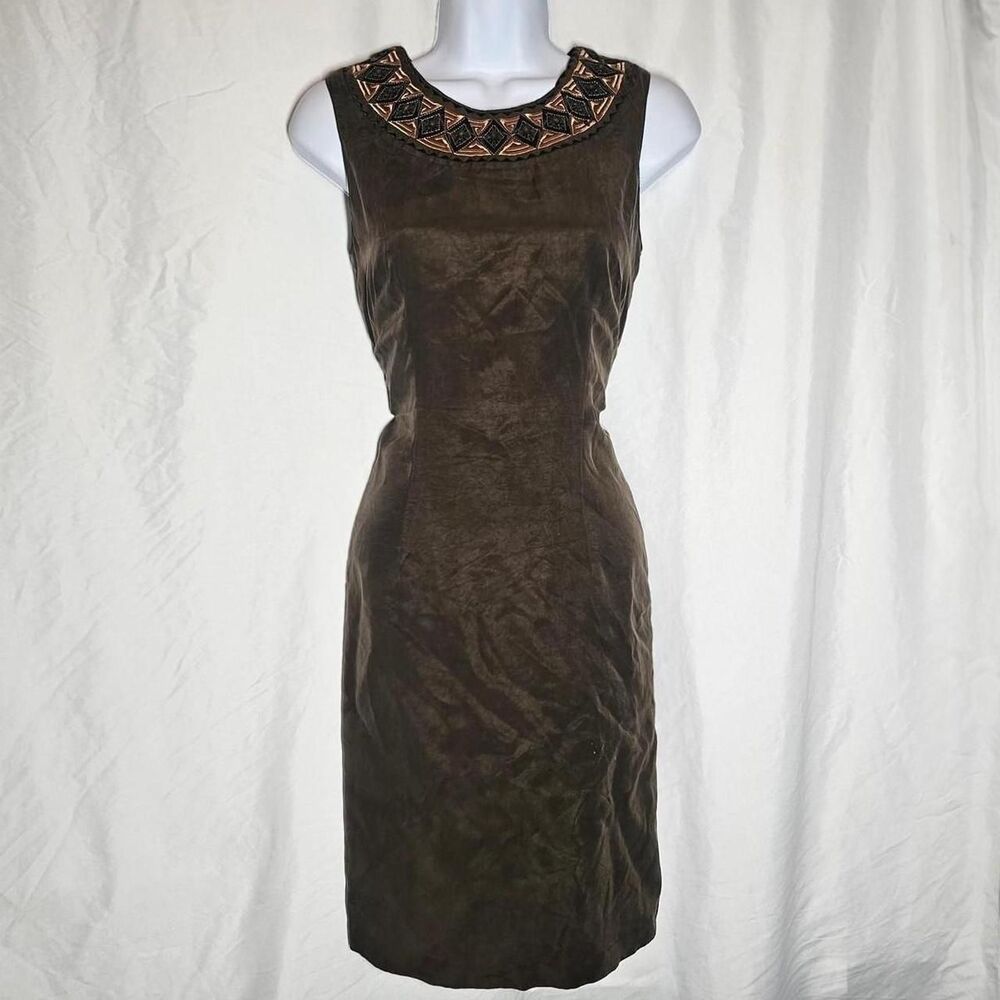 brown faux suede vintage 90s beaded collar boho dress